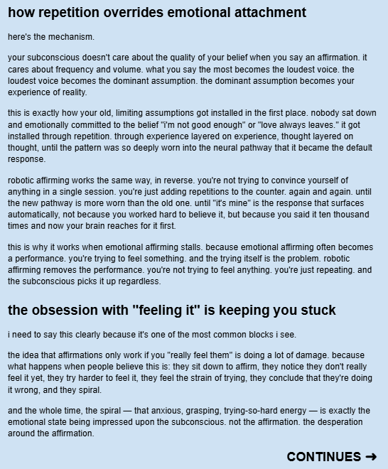 ByAveline_'s tweet photo. ✨🤖 robotic affirming  works for a reason nobody talks about.

your subconscious does not care whether you're emotional. it cares about repetition. this is why people manifest while feeling detached, doubtful, or exhausted. 

manifestation is more mechanical than you think. https://t.co/zJfWDlBvuC