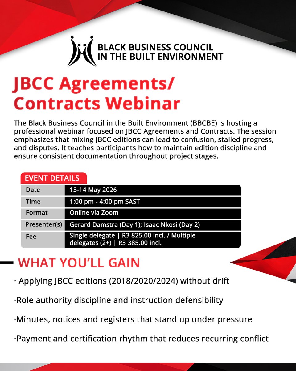 BBCBE_SA's tweet photo. 📑 JBCC Agreements/Contracts Webinar Avoid edition drift &amp; disputes — learn disciplined contract management with BBCBE.
🗓️ 13–14 May 2026 | 💻 Zoom | 🎙️ Damstra &amp; Nkosi 💵 R3 825 (single) | R3 385 (2+) 
➡️ https://t.co/5T5eR1n0T9

#BBCBE #JBCCWebinar #BuiltEnvironment https://t.co/hw1sQWuLwy