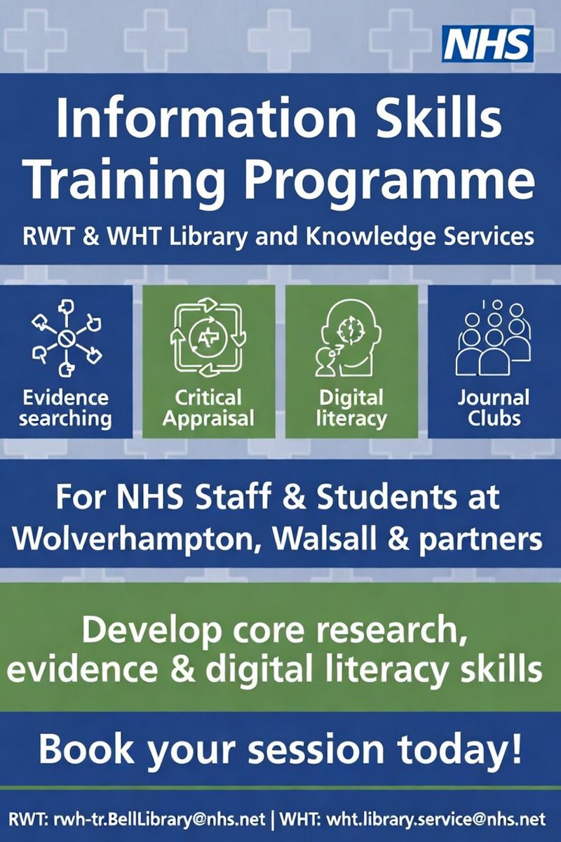 Health_Library's tweet photo. 📣 New: Information Skills Training from RWT &amp; WHT Library and Knowledge Services.
For NHS staff &amp; students on placement.
Build research and evidence-based practice skills—at your own pace and level.
Explore the programme.        
🔗  https://t.co/UzKPl7p05e https://t.co/X6YCZ3niNH
