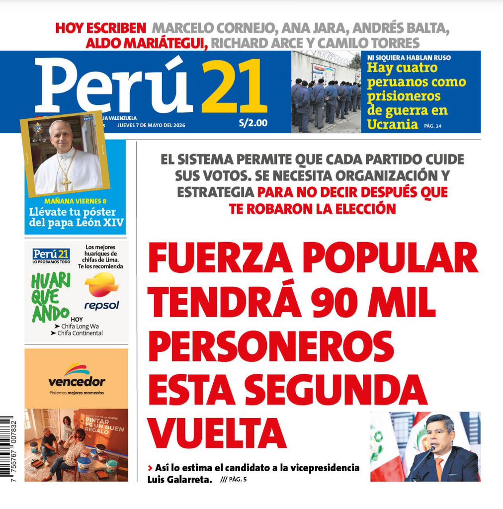 🗞  FUERZA POPULAR TENDRÁ 90 MIL PERSONEROS ESTA SEGUNDA VUELTA 

📲 Esta es la edición de hoy. Toda la información completa en nuestro ePaper: epaper.peru21.pe/promociones/