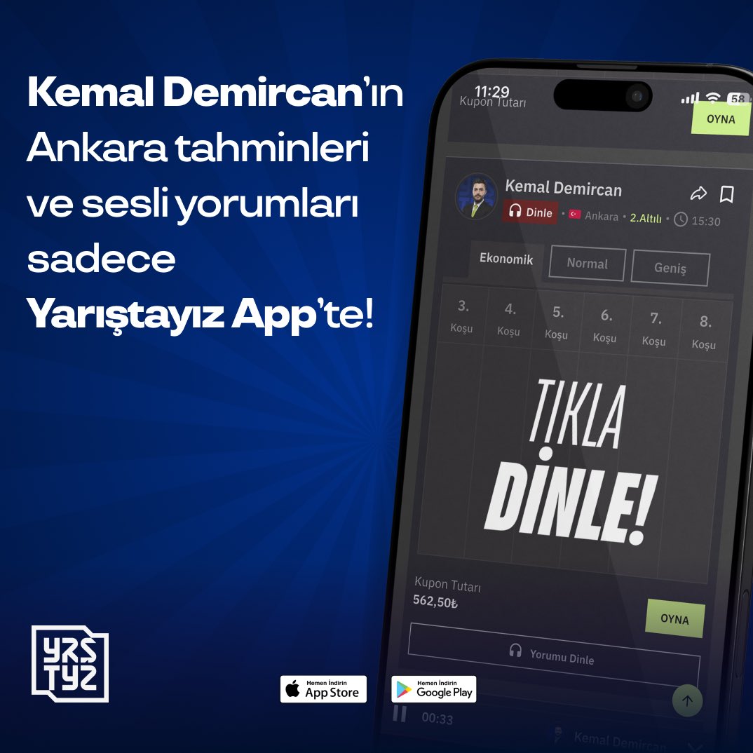 yaristayiz's tweet photo. Kemal Demircan’ın (@kemaldemircan12) Ankara tahminleri ve sesli yorumları SADECE YARIŞTAYIZ APP’te.

Uzman yorumcular ve yorumlarıyla kazananlar YARIŞTAYIZ’da buluşuyor! 🏇

Tıkla, hemen indir! 👉 📲 https://t.co/bRdJlPg2qi https://t.co/1a8jyIdKQv