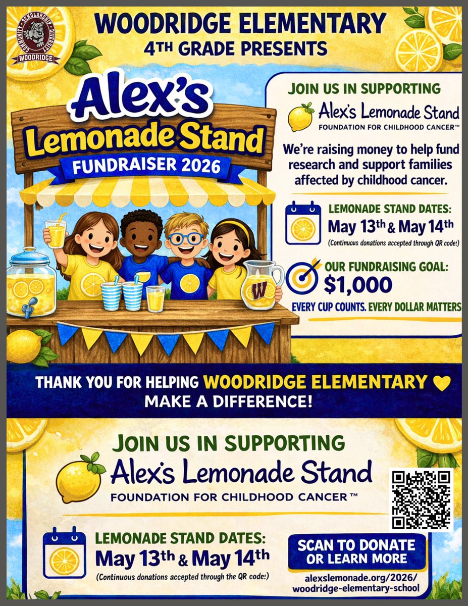 woodridge's tweet photo. 🍋 Woodridge Elementary 4th graders are hosting their annual Alex’s Lemonade Stand Foundation starting TOMORROW- May 13–14!

They raised nearly $5K last year &amp; aim to hit $20K total since 2018

📷Support here: https://t.co/Y33TdzK5ZM #FightChildhoodCancer https://t.co/yh3LPG1U57