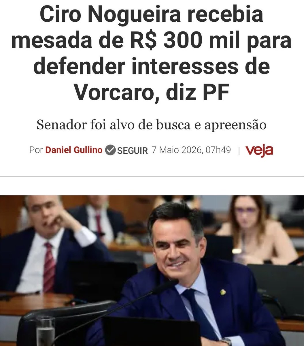 Acórdão no Congresso vira caso de polícia!

Senador que articulou para derrotar nome de Lula no STF, recebia 300 mil por mês e foi visto nas farras de Vorcaro. Denunciei a artimanha do Centrão com a extrema direita, aliança para anistiar Bolsonaro e enterrar a CPMI do Master.