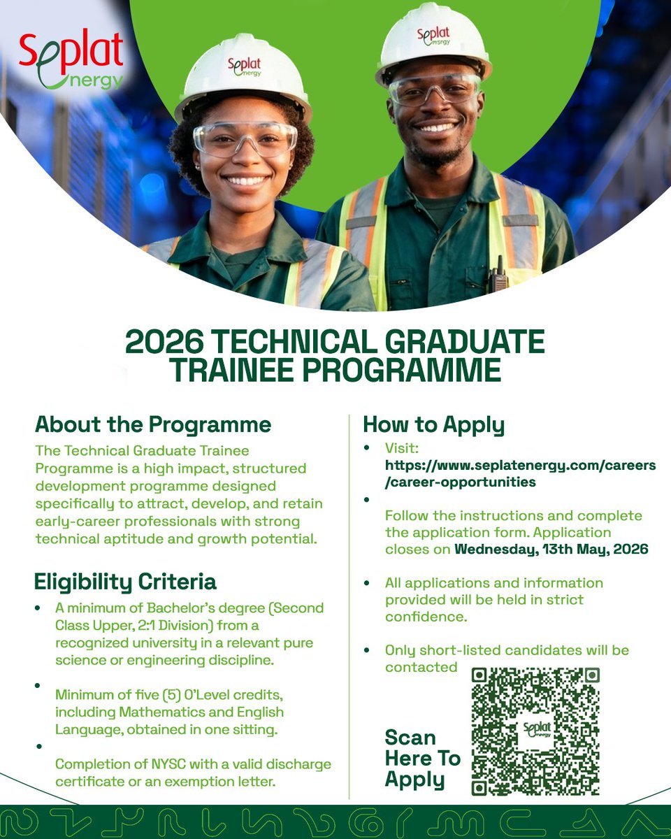 We are looking for the next generation of technical talent at Seplat Energy.

Our 2026 Technical Graduate Trainee Programme is now open for applications. Engineering and technical graduates with strong analytical skills, curiosity for learning, and a drive to grow are encouraged