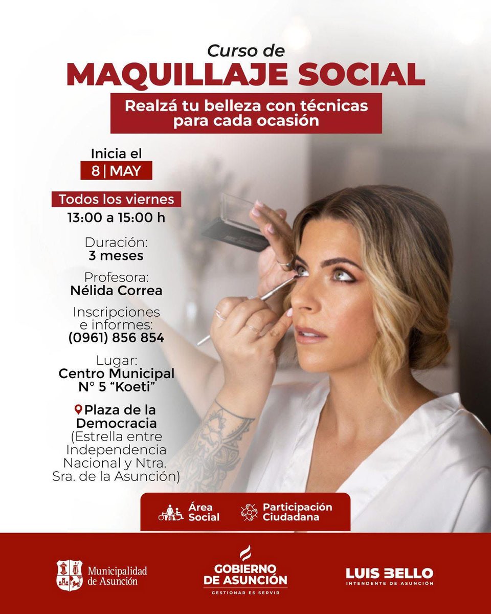 ¡Potenciá tu talento en el mundo de la belleza con técnicas profesionales de maquillaje! 💄 ✨
Sumate al curso de maquillaje social, que iniciará mañana en el Centro Municipal N° 5, de la mano de la Prof. Nélida Correa. 
Inscribite al: 0961856854. 📲