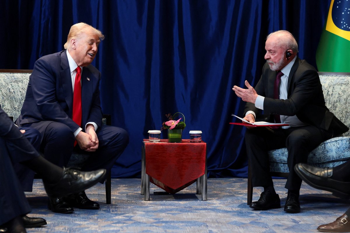 Reuters's tweet photo. 🔊 ‘President Trump joked that they found a chemistry among them and then Lula convinced Trump to suspend some of the tariffs.’ @lisparaguassu on the high-stakes meeting between the US and Brazilian presidents at the White House https://t.co/PVMMyNPhDn https://t.co/idtchntomK