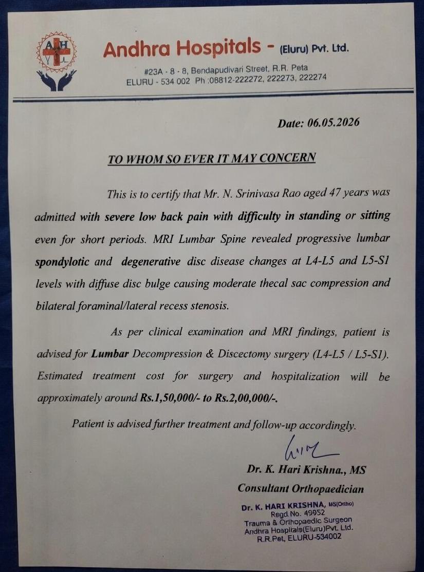 Kalyan_Trends9's tweet photo. Urgent help needed 🙏

My friend’s father has been diagnosed with severe lumbar spine disc disease (L4-L5 / L5-S1) and doctors have advised immediate surgery tomorrow due to unbearable back pain and difficult even for sitting or standing. https://t.co/egueZeg7e8