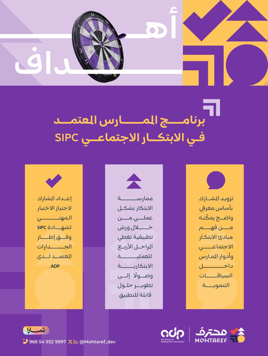 Mohtaref_dev's tweet photo. "ما الفائدة الحقيقية التي سيحصل عليها المشاركون من الممارس المعتمد في الابتكار الاجتماعي؟

ستكتسب خبرة عملية في الابتكار الاجتماعي، وتحويل التحديات المجتمعية إلى حلول مبتكرة قابلة للتطبيق، وتعزيز أثر المبادرات التنموية بشكل مستدام ✨.

للتسجيل :
https://t.co/9UkpZkz6RE https://t.co/5FKja6kbbi