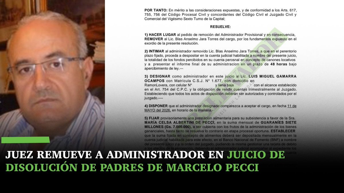 🟩En un juicio de disolución y liquidación de la sociedad conyugal, de Francisco Enrique Pecci Manzoni y Celsa Albertini, padres del exfiscal Marcelo Pecci, el juez en lo civil Heinrich Von Lucken, removió al administrador Blas Jara Torres por “extralimitación funcional”, al