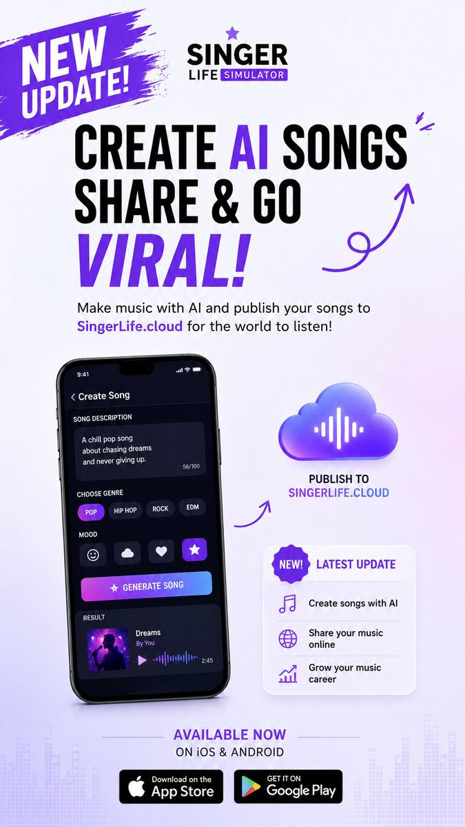 SingerLifeSim's tweet photo. Our newest update is OUT for android, will be released in 3 hours for iOS!

In this update, you can create songs with AI! And publish your songs to our newest website "https://t.co/2hEwwQJO4I". Singer Life Cloud will host all the songs created by our players! Write your song now! https://t.co/AsNbL6QIa8