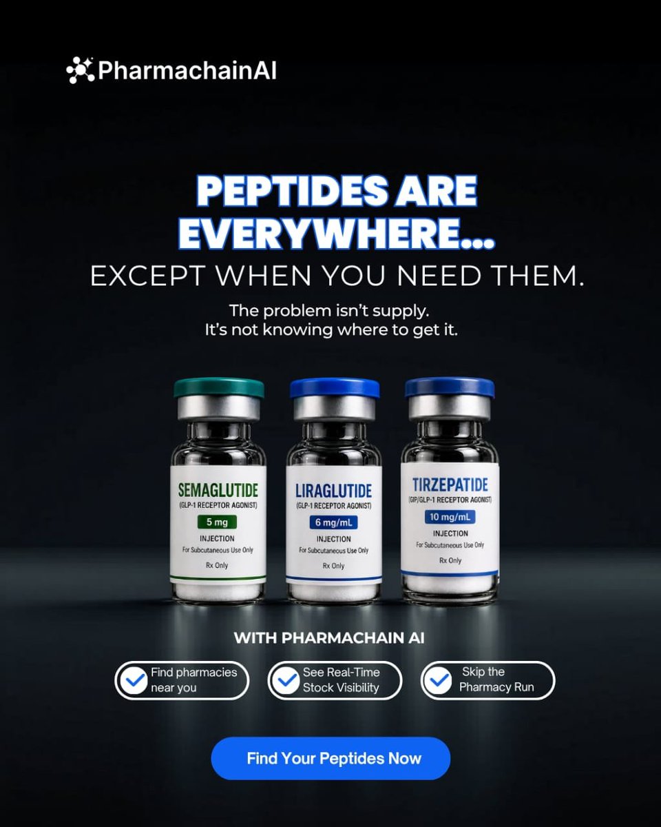 Pharmachainaius's tweet photo. Find your #Peptides on Pharmachain. 
From over 75,000+ board approved pharmacies. 
Only on Pharmachain AI! Powered by $PHAI. https://t.co/6CHD7rAbz9