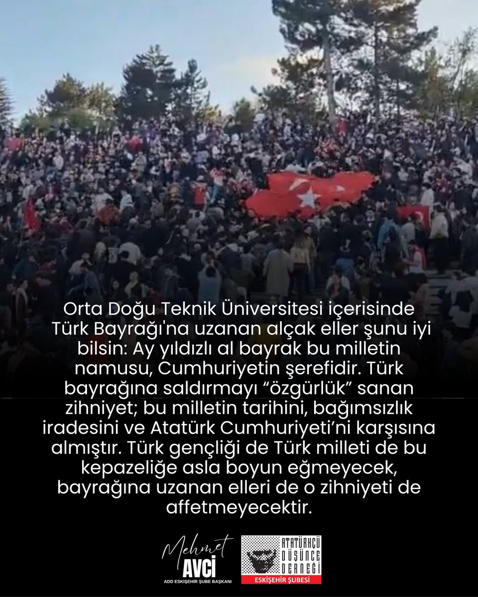 EskisehirAdd's tweet photo. Orta Doğu Teknik Üniversitesi içerisinde Türk bayrağına uzanan alçak eller şunu iyi bilsin: Ay yıldızlı al bayrak bu milletin namusu, Cumhuriyetin şerefidir.👇🏻

#odtu #yenidenatatürkcumhuriyeti #atatürktebirleşmezamanı
@MehmettAvci @HsnBozkurt https://t.co/Ru0qlH3SUk