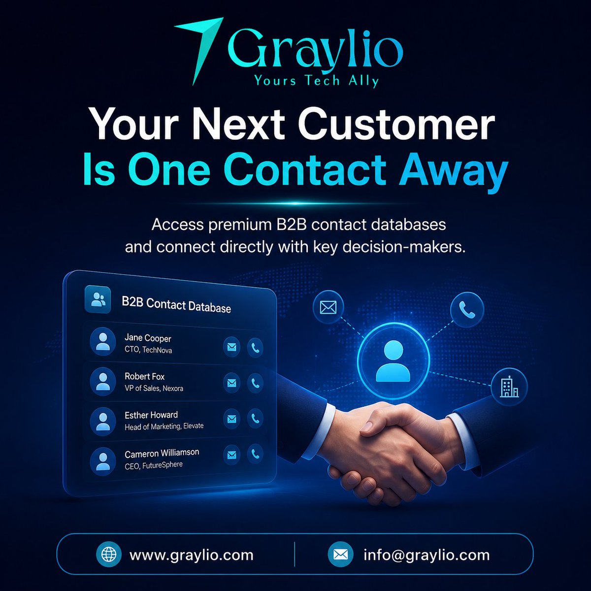 graylioally's tweet photo. Your Next Customer Is Just One Contact Away

Get access to premium B2B contact databases and reach the right decision-makers faster than ever.

Turn data into real business opportunities with Graylio.

Start building your pipeline today!
https://t.co/jPdEVftQGS
info@graylio.com https://t.co/PkgNnnB02L