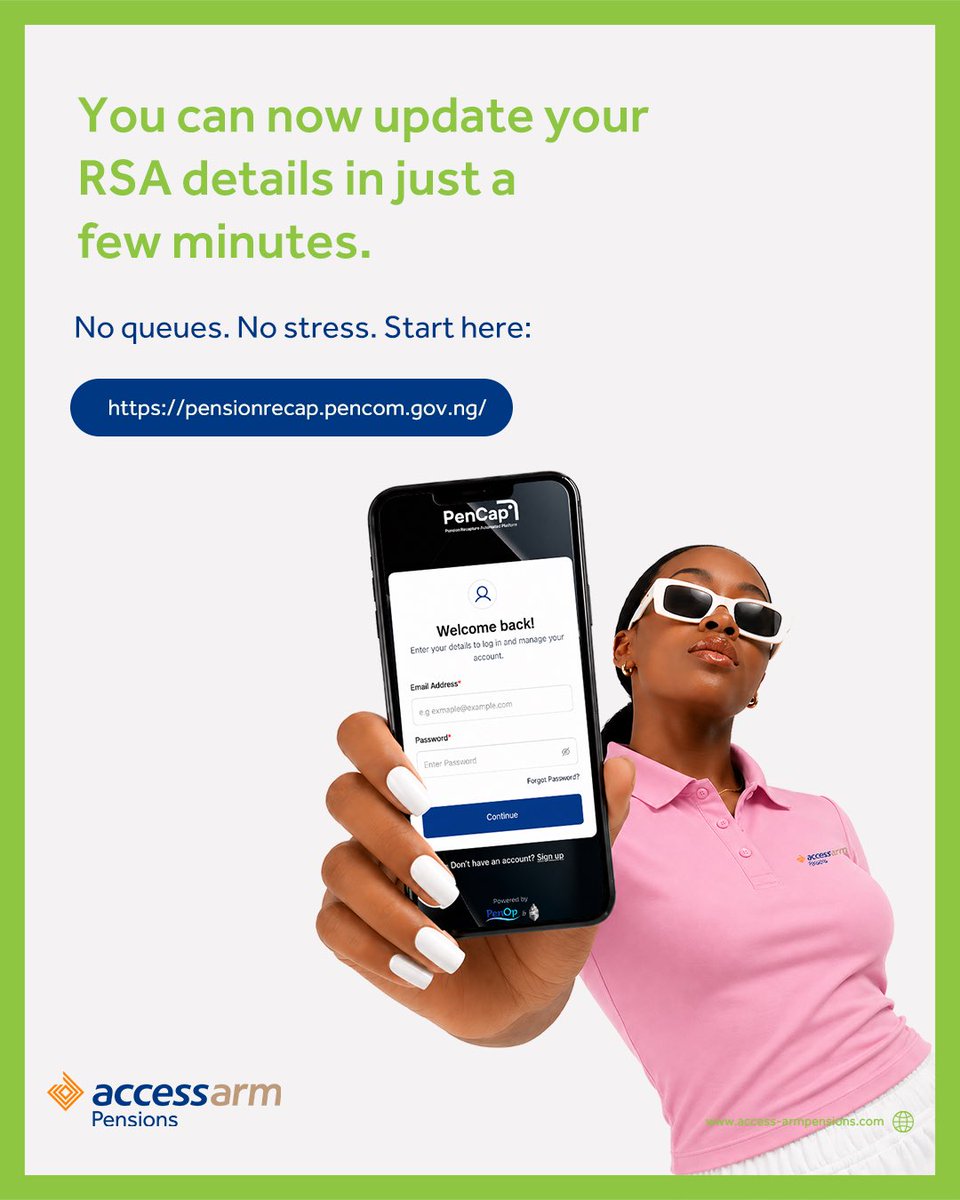 access_arm's tweet photo. Updating your pension records is now stress-free. ✅
The PenCom Self-Service Data Recapture Portal lets you secure your account from the comfort of your home.
Need help? Send us a DM. 💬
#AccessARMPensions #PENCOM #DataRecapture #PensionsMadeEasy https://t.co/buo46A2tp3