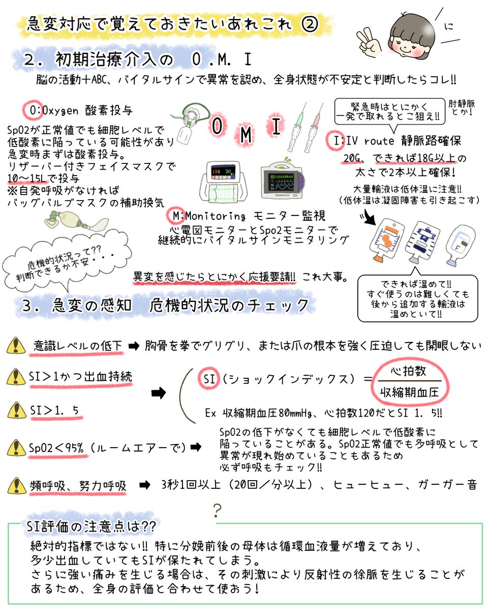 manmaru_jyo_sun's tweet photo. 新人さんへ🌸

急変って、
本当にいつ起こるかわからなくて、
突然空気が変わって、
気づいたら周りが一気に動き出してて、
何が起きてるのかわからないまま終わることもあると思う。

最初は
何も出来なかったって感じるかもしれない。
ただその場に立っていることしか出来なかったり。

でもね、
“その場にいたこと”って、
すごく大事な経験なんだと思う。

「あの時、先輩たちは何を見て、何をして、何を考えていたんだろう」

そういうのって、
少し知識があるだけで、
急変の見え方や理解の深まり方が全然変わる。

今回は、
母体急変時の“最初の考え方”を、
新人さん向けに噛み砕いてまとめてみました✍️

すぐ出来なくても大丈夫。
でも、
“知らないまま見る”より、
“少し知って見る”方が、
きっと経験を無駄にしにくい。

急変はチーム戦。
一人で抱えなくていいし、
最初から完璧じゃなくていいよ🙂‍↕️

（※施設や状況によって対応は異なります。実際の対応は各施設のマニュアルやJ-CIMELS等に沿って行ってください）