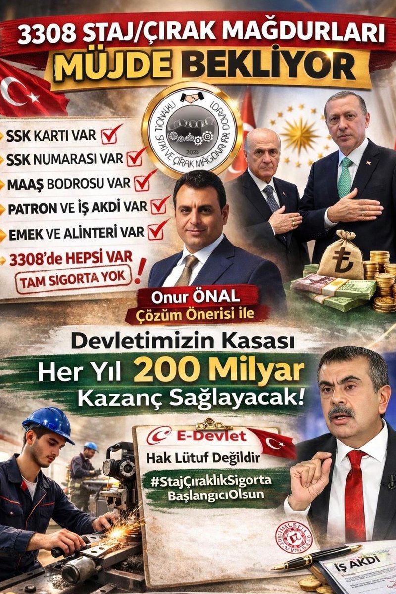 <a href="/ElifGne945976/">🇹🇷 Elif 🇹🇷</a> <a href="/cbsbb/">T.C. Cumhurbaşkanlığı Strateji ve Bütçe Başkanlığı</a> <a href="/TatarHummet/">Hümmet TATAR</a> <a href="/_cevdetyilmaz/">Cevdet Yılmaz</a> <a href="/MuratCahidCINGI/">Dr.Murat Cahid CINGI</a> <a href="/yilmaztunc/">Yılmaz TUNÇ</a> <a href="/isikhanvedat/">Prof. Dr. Vedat Işıkhan</a> <a href="/erkanakcay45/">Erkan Akçay</a> <a href="/mfatihkacir/">Mehmet Fatih KACIR</a> <a href="/Yusuf__Tekin/">Yusuf Tekin</a> <a href="/memetsimsek/">Mehmet Simsek</a> <a href="/csgbakanligi/">T.C. Çalışma ve Sosyal Güvenlik Bakanlığı</a> <a href="/tcmeb/">Millî Eğitim Bakanlığı</a> <a href="/TCSanayi/">Sanayi ve Teknoloji Bakanlığı</a> <a href="/ticaret/">T.C. Ticaret Bakanlığı</a> <a href="/HMBakanligi/">T.C. Hazine ve Maliye Bakanlığı</a> <a href="/adalet_bakanlik/">T.C. Adalet Bakanlığı</a> <a href="/Akparti/">AK Parti</a> <a href="/avabdullahguler/">Abdullah Güler</a> <a href="/mustafaelitas/">Mustafa Elitaş</a> <a href="/efkanala/">Efkan Âlâ</a> <a href="/zorlu77/">Prof.Dr.Kürşad ZORLU</a> <a href="/ankahabera/">ANKA Haber Ajansı</a> <a href="/kenansenerr/">Kenan Şener</a> <a href="/isakarakas/">İsa Karakaş/Başmüfettiş&Başuzman</a> <a href="/PinarErguner/">Pınar Ergüner</a> <a href="/yaprakhirka/">Yaprak HIRKA YILDIZ</a> <a href="/ErcanSeki/">ERCAN SEKİ</a> <a href="/tbfederasyonu/">Türkiye Basın Federasyonu TÜBAF</a> <a href="/ihacomtr/">İhlas Haber Ajansı</a> <a href="/dhainternet/">Demirören Haber Ajansı</a> <a href="/tv100/">TV100</a> <a href="/benguturktv/">Bengü Türk</a> <a href="/AtvHaberTurkiye/">Atv Haber</a> <a href="/HaberturkTV/">Habertürk TV</a> <a href="/cnnturk/">CNN TÜRK</a> <a href="/ntv/">NTV</a> <a href="/tgrthabertv/">TGRT HABER</a> <a href="/ShowTV/">Show TV</a> <a href="/startv/">STAR TV</a> <a href="/KanalD/">Kanal D</a> <a href="/ulusalkanal/">Ulusal Kanal</a> <a href="/ulketv/">ÜLKE TV</a> <a href="/ekoltvv/">.</a> <a href="/trt/">TRT</a> <a href="/nowtvturkiye/">NOW</a> <a href="/halktvcomtr/">Halk TV</a> <a href="/tele1comtr/">Tele1 TV</a> <a href="/KRTCANLI/">KRT TV</a> İŞE GİRİŞ TARİHİMİZ ÇALIŞARAK KAZANILMIŞ HAKKIMIZ
👉 Tescil tarihimiz başlangıç sayılmalı
👉Kısa kol prim yatmasa dahi kanundan
yararlanmalı
👉İsteğe bağlı borçlanma hakkı verilmelidir

Bekleyiş Bitsin
#StajÇıraklık
#SigortaBaşlangıcıOlsun