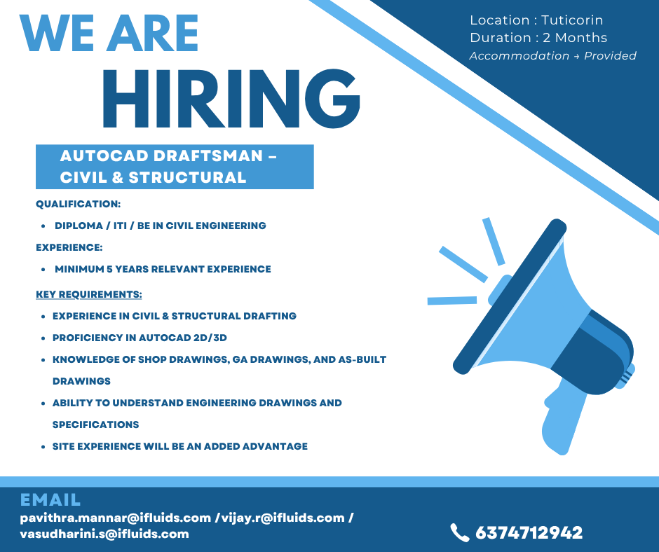IFluids1's tweet photo. WE ARE HIRING – AutoCAD Draftsman (Civil &amp; Structural)

📍 Tuticorin | ⏳ 2 Months | 🏠 Accommodation Provided

Minimum 5 Years of Relevant Experience

Contact: 6374712942

#Hiring #AutoCAD #CivilEngineering #StructuralEngineering #TuticorinJobs https://t.co/FDrvZurAC0