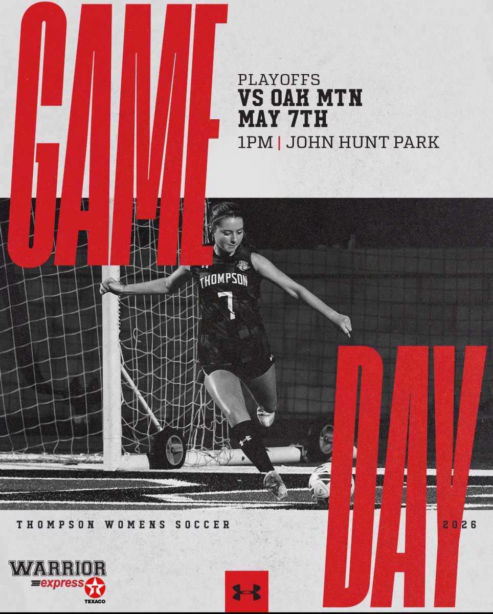 THS_WmnSoccer's tweet photo. It’s GAMEDAY‼️‼️‼️
3rd ROUND OF STATE PLAYOFFS - Final Four!
PLAYOFF GAME vs. Oak Mountain HS

📆: Thursday, May 7th, 2026
📍: John Hunt Park in Huntsville, AL - Field 2
⏰: 1:00 pm(Girls Varsity) 
🎟️: https://t.co/SwFNcPYS9n

#thumbsdown

@athletics_ths https://t.co/KL8qCDFbFm