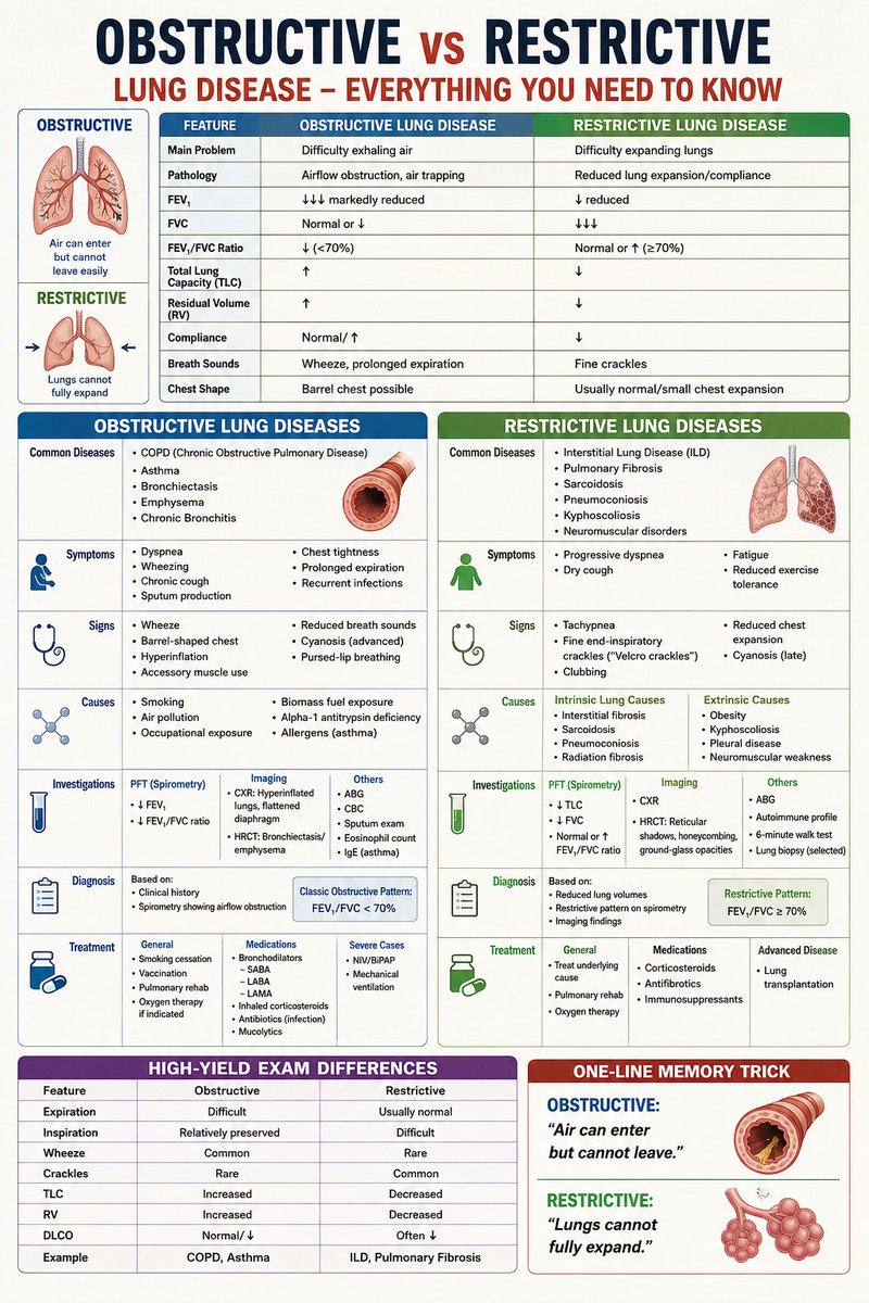 “Obstructive lungs trap air.
Restrictive lungs cannot fully expand. 🫁

Knowing the difference is key for diagnosis, spirometry interpretation, and treatment.”

#COPD #Asthma #ILD #Pulmonology #MedTwitter #MedicalEducation