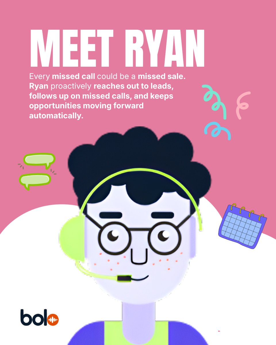 BoloApp_AI's tweet photo. Meet Ryan — the AI assistant designed to help sales and service businesses stay on top of every opportunity.

From missed calls to warm leads, Ryan follows up fast so no potential customer slips away. 🚀

Learn more: https://t.co/UzD9EYEKqp

#BoloAI #SalesAI #LeadGeneration https://t.co/mwVTswyBoS