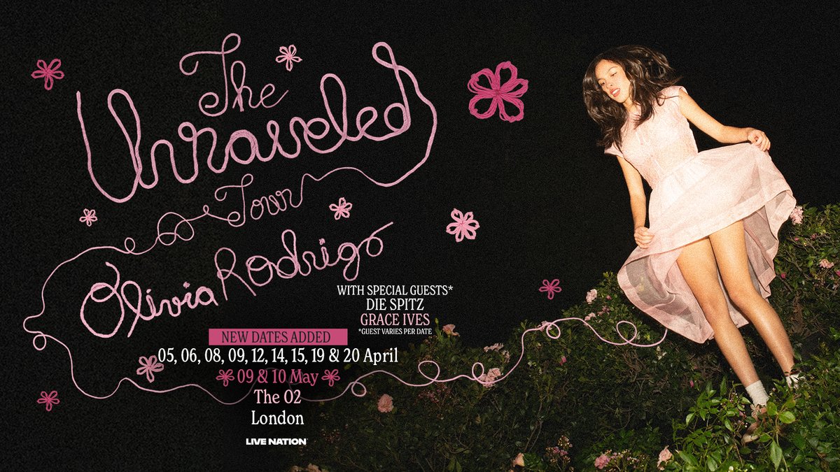 LiveNationUK's tweet photo. EXTRA DATES ADDED: Due to phenomenal demand, more dates have been added to @oliviarodrigo's The Unraveled Tour at @TheO2, bringing the total to 11 shows! 

🎟️ Tickets on sale at 12:45pm 
👉 https://t.co/vT1tuRiCvB https://t.co/yunoHRJbT6