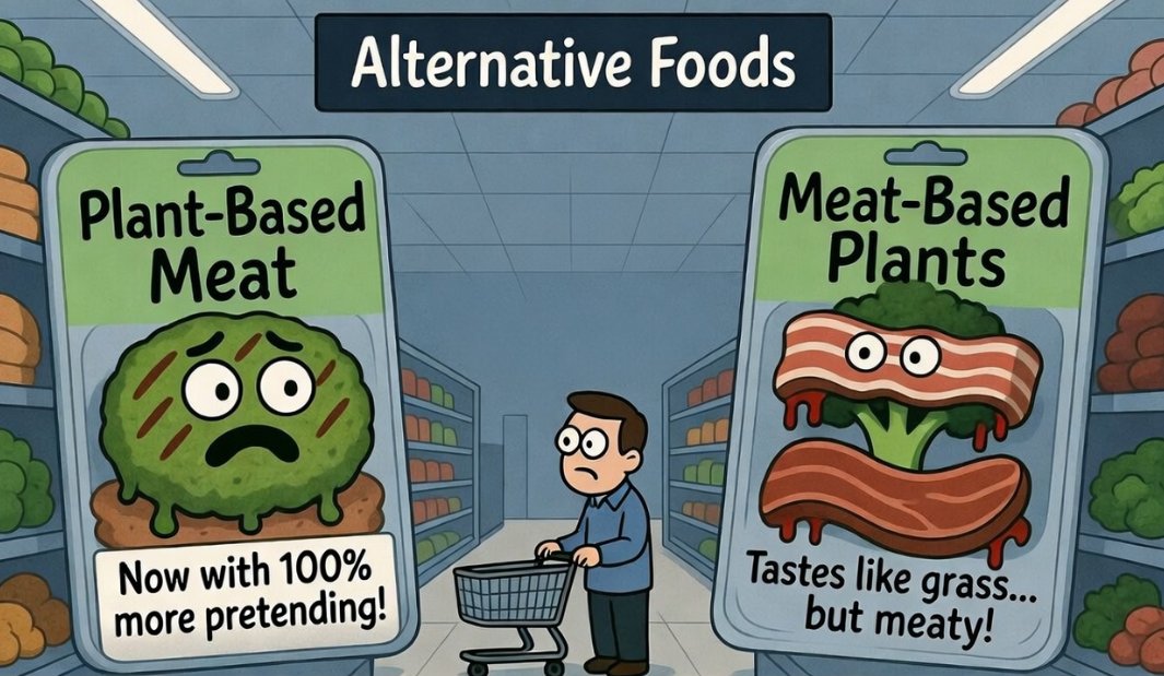 fleroy1974's tweet photo. The world is finally getting over the idea that 'plant-based meat' is any less silly than 'meat-based plants'. https://t.co/Ur7lLqM3j8