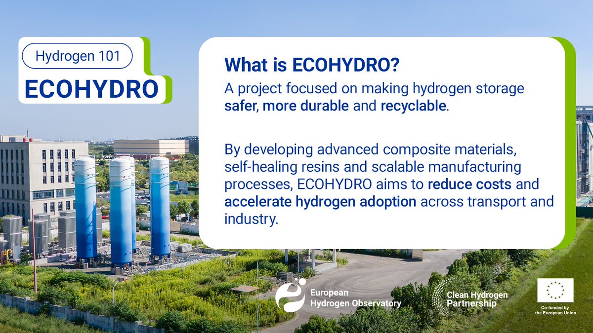 EHObservatory's tweet photo. Hydrogen storage remains a key challenge for scale.
ECOHYDRO is tackling it with recyclable materials, self-
healing resins and more efficient manufacturing — aiming
to make hydrogen safer, cheaper and more scalable.
Discover more 👉 https://t.co/eB3w8aJtil
#Hydrogen EnergyTransition