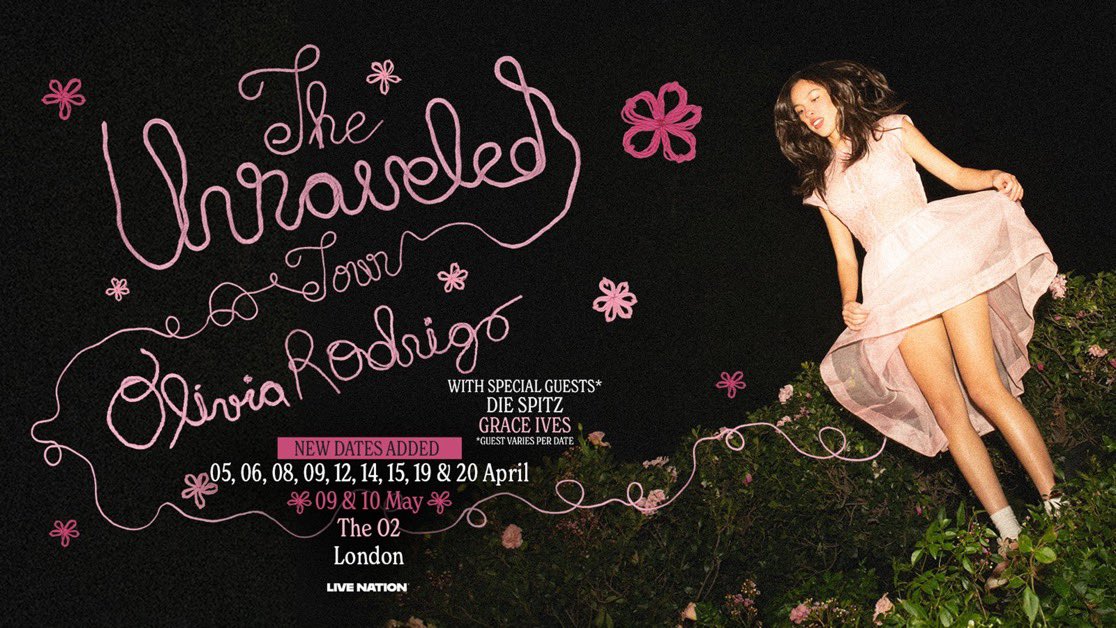 rodrigosdata's tweet photo. Olivia Rodrigo has added 2 more dates in London for “The Unraveled Tour” due to incredible demand!

— She will perform 11 times at the O2, performing for approximately 220 THOUSAND people. https://t.co/ltt9dsORbI