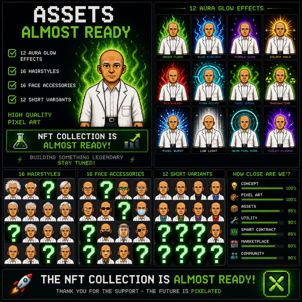 Pixellabcrypto's tweet photo. We’re getting close. 🧪

The first Pixel Lab NFT collection is almost ready:
⚡ aura effects
💈 hairstyles
🕶️ face accessories
👕 shirt variants
Assets are nearly complete.
NFT collection loading... 🚀
The future is pixelated.
#NFT #PixelArt #Web3 #PXLAB #PixelLab

Join the lab ↓ 
https://t.co/pswZt9ZJgV
https://t.co/YLSnzLZFcD 
https://t.co/aZxA8v7s63 https://t.co/8s7tqhf0Ll