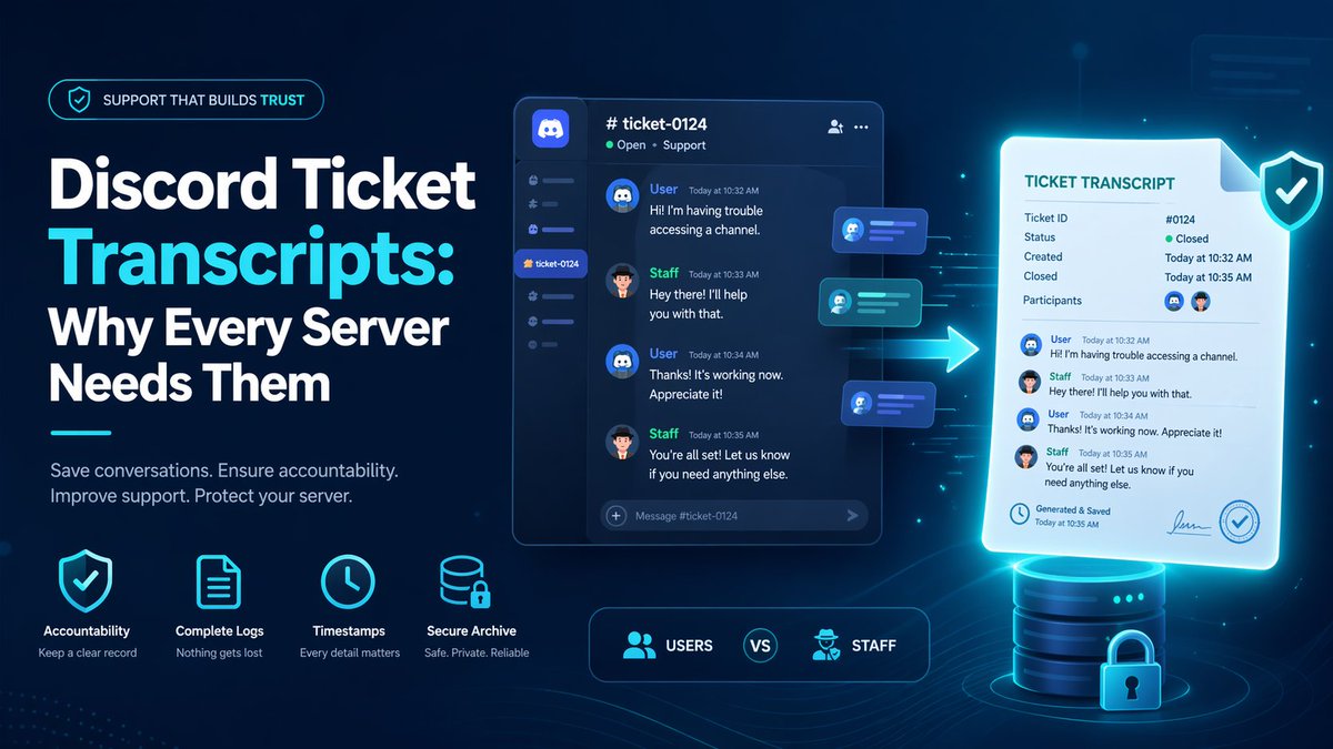 ticketwave_dev's tweet photo. A Discord ticket closes.
The conversation disappears.
Nobody remembers what was said. That’s exactly why ticket transcripts matter.

Every serious Discord server needs them.

Full guide 👇
https://t.co/TNUe0u5Xmp https://t.co/012s8dHwoJ