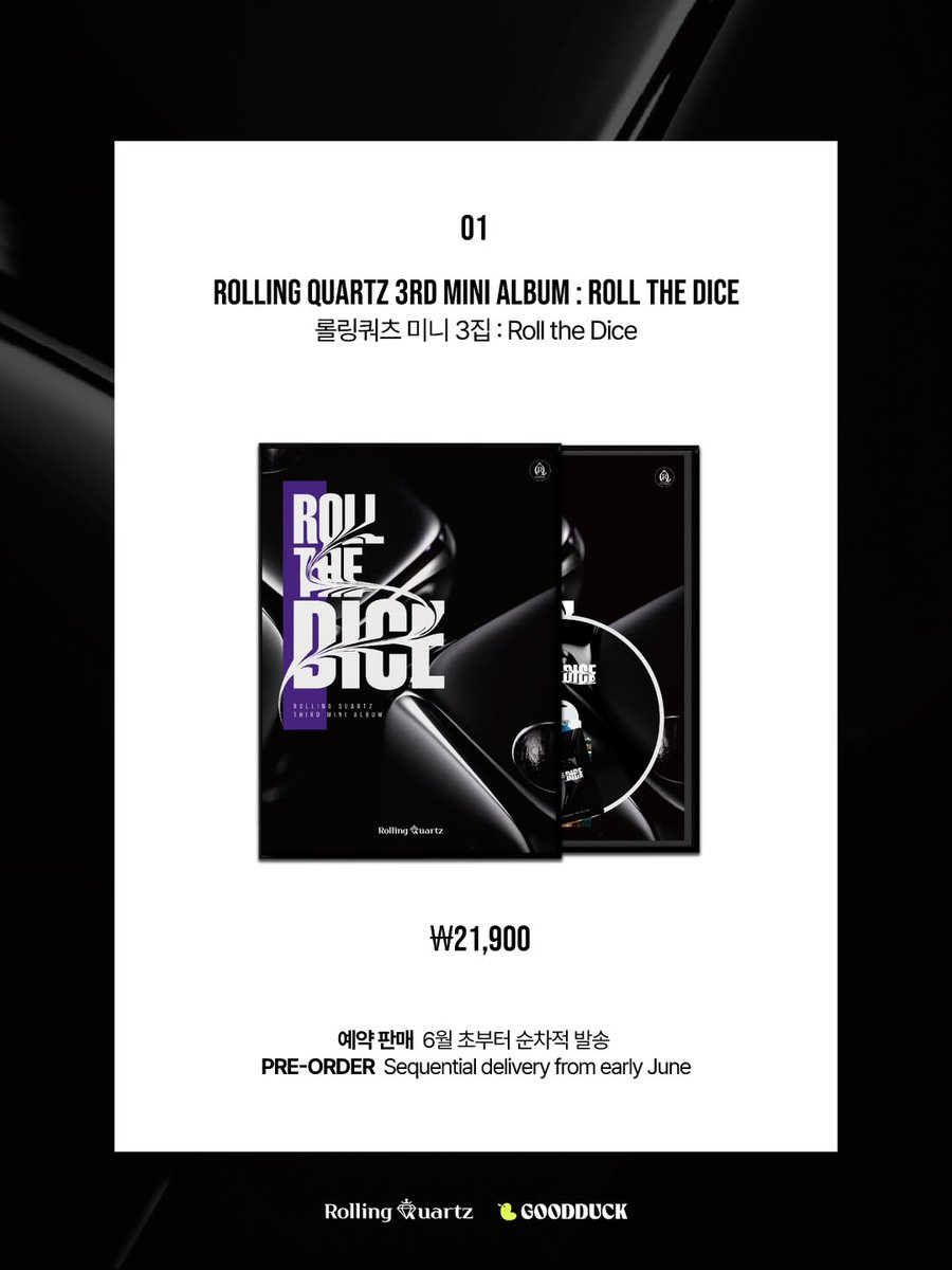 damned_diamond's tweet photo. Rolling Quartz's upcoming EP (3rd mini album) is titled "Roll the Dice". If you purchase it via GoodDuckShop, you will be eligible for two raffle events.

*no info yet if it's available for purchase via other platforms (Ktown4u, Aladin, Yes24, etc.) https://t.co/8ibimgBMbd