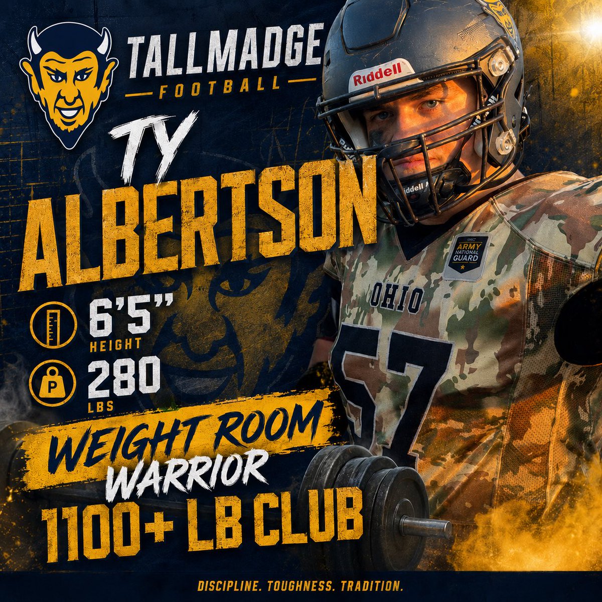 Tallmadge_FB's tweet photo. Weight Room Warrior. Perfect attendance since we started in November. The weight room numbers confirm Ty empties the tank every lift! https://t.co/aAstXFzJdZ