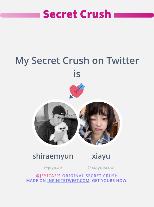 My Secret Crush on Twitter is <a href="/xiayuiscool/">xiayu</a>

➡️ infinitetweet.me/secret-crush