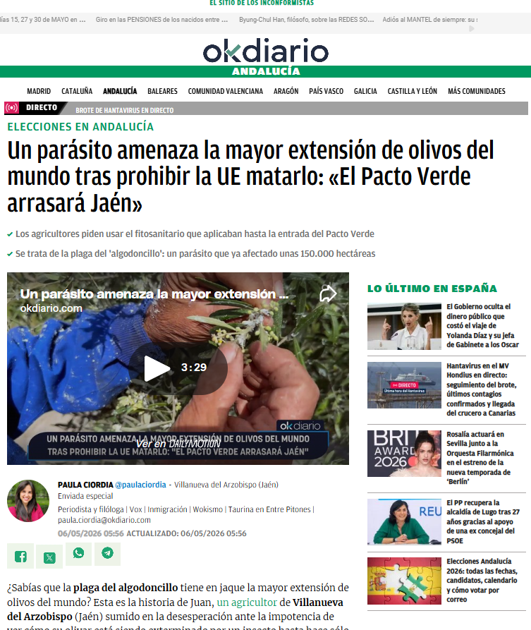 El olivar español es arrasado por un parásito porque no se puede usar un fitosanitario que competidores como Marruecos, Túnez y Argelia sí usan. 
Pertenecer a la Unión Europea no es ya que sea perjudicial, es que es un suicidio inducido. Cada día en la UE es un día menos de vida.