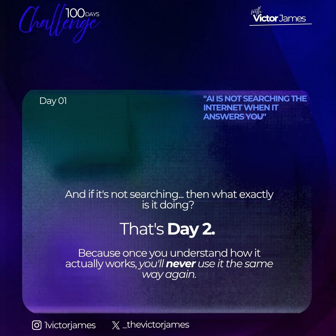 _thevictorjames's tweet photo. Most people using AI daily still don't know this. That gap is costing them. Day 1 of 100 — let's fix it.

Grok is not searching the internet. Thread on why this is the most important thing to understand before you use any AI tool.

Save this. Share it. Someone you know needs it. https://t.co/Uq4dFw3ycw