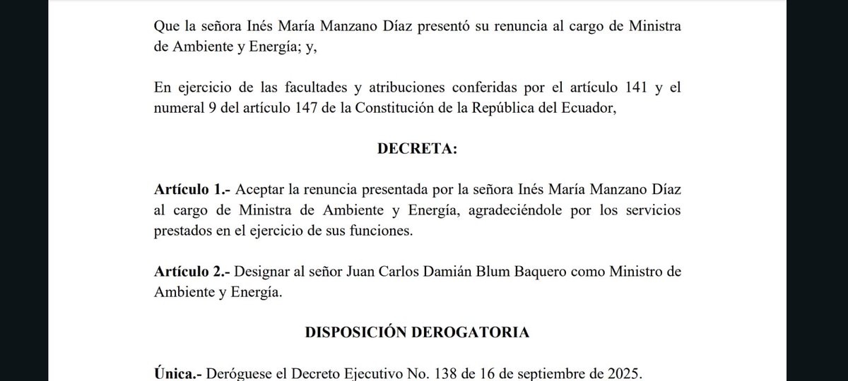 🚨 El Presidente Daniel Noboa expidió hoy el Decreto 376, en el que designa a Juan Carlos Damián Blum Baquero como ministro de Energía y Ambiente en reemplazo de Inés Manzano.