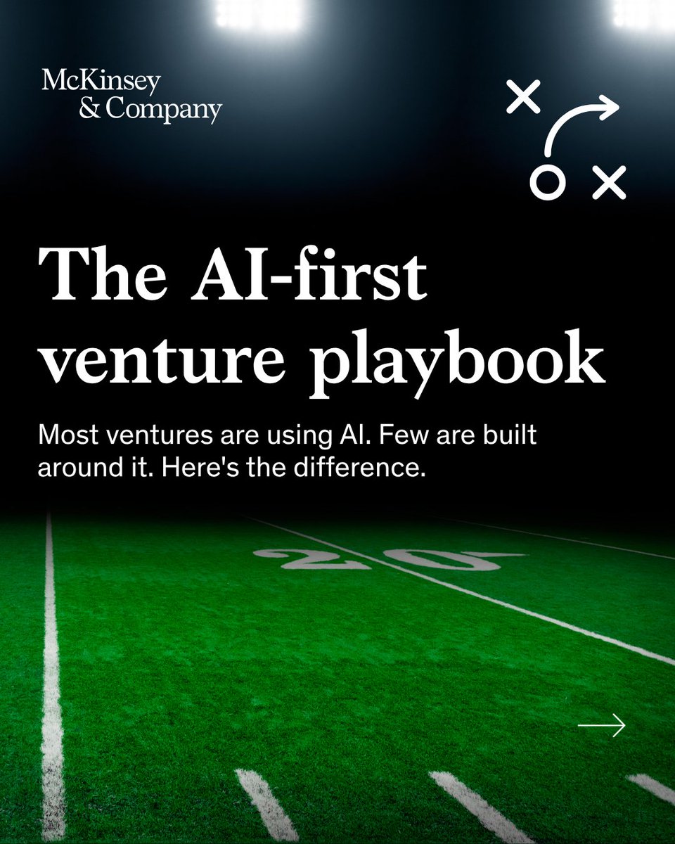McKinsey's tweet photo. AI-first ventures are pulling ahead on three shifts: step-change performance, early AI foundations, and scaled expertise.

Leaders are already redesigning how ventures operate—with up to 5x gains in play. https://t.co/f6qlwjtJsA https://t.co/pcVUNIUjW4