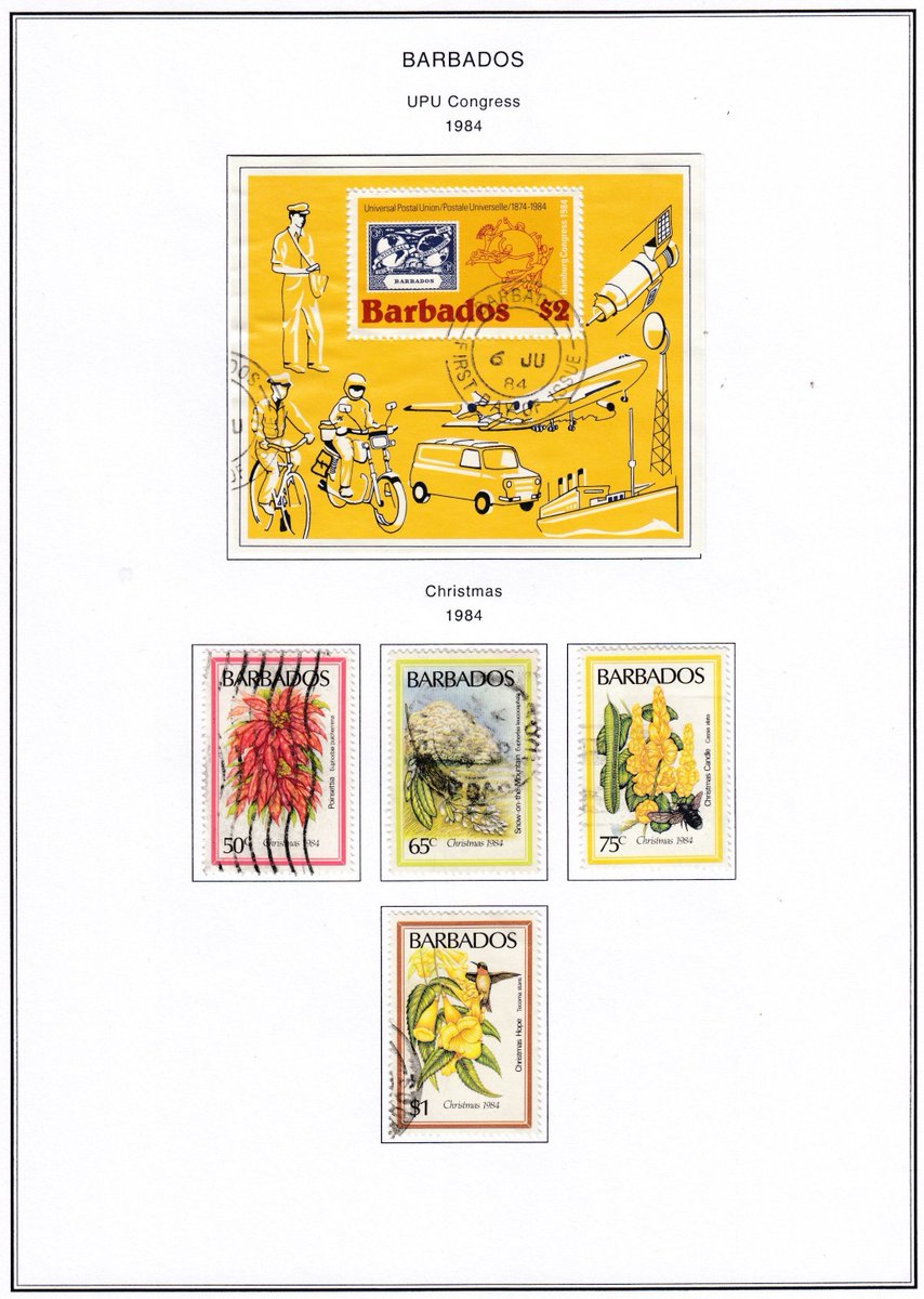 BarbadosStamps's tweet photo. Years ago I separated my #Barbados collection into mint and used, deciding to collect both separately. What I hadn't realised was how hard postally used stamps, especially from the 1990s and 2000s, would be to collect. For example, souvenir sheets are almost always CTO like this. https://t.co/QyaDYNtm6Y
