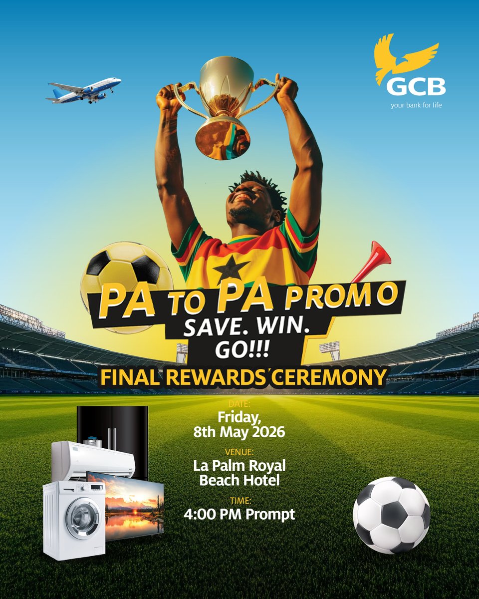 GCBBankPLC's tweet photo. The countdown begins! Join us for the Final Awards Ceremony of the GCB Pa-to-Pa Promo as we celebrate our valued winners and an exciting journey of rewarding loyalty.

#GCBPaToPaPromo #AwardsCeremony #CustomerReward #GCBBank #BankWithGCB #GCBCares #YourBank4Life https://t.co/eQtnGFOEee