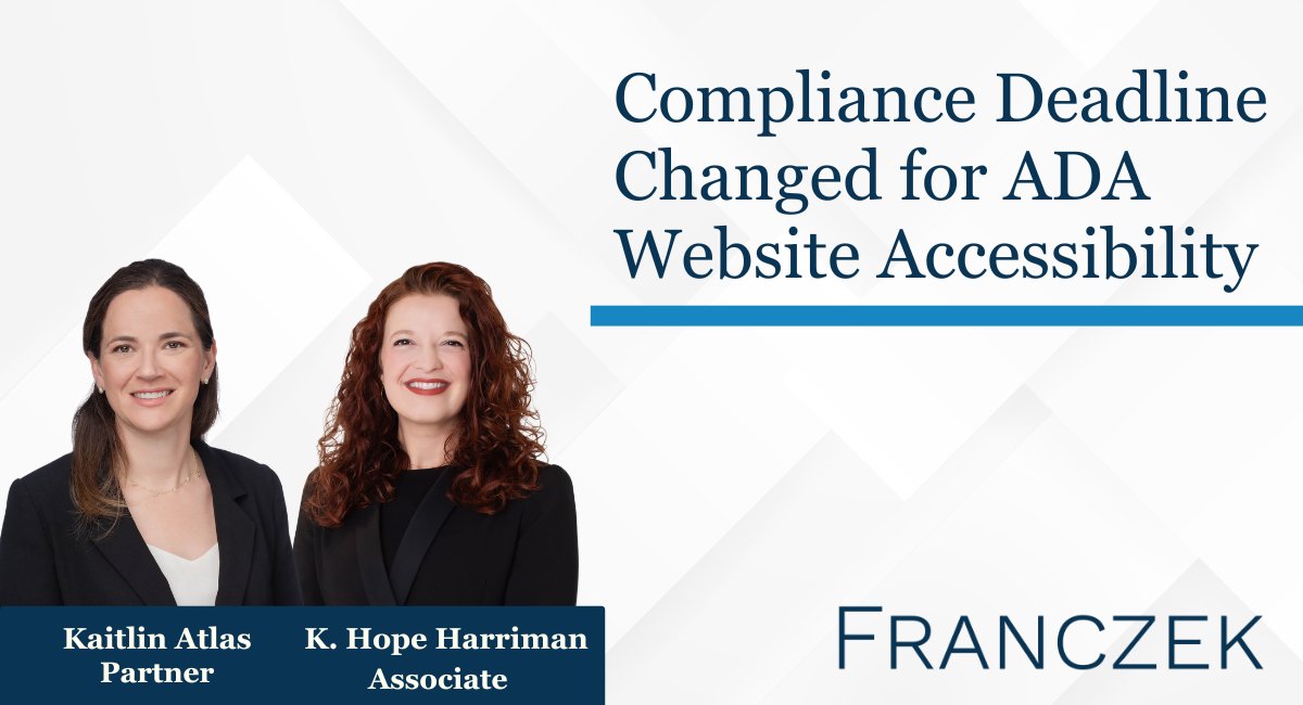 Franczek's tweet photo. The #DOJ issued regulations requiring state and local government bodies to make their websites and mobile content accessible for people with disabilities. Late last month, the DOJ published the “Rule” extending the compliance deadline.
Read more here: https://t.co/MlJIGBKtJ1 https://t.co/HZrmLZspEQ