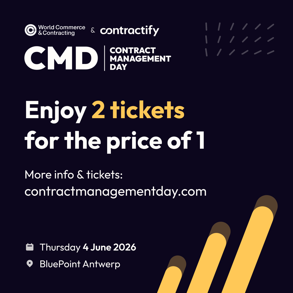 ContractMD's tweet photo. Some things are better when shared with a colleague 👫

Our last CMD 2026 tickets are 1+1 free!  

So there's no better time to bring someone from your team. 

One day, two seats, zero excuses.

📅 4 June | 📍 BluePoint Antwerp

👉 Get your 1+1 tickets on https://t.co/Mfk1rUxLGn https://t.co/9Eh7H92uqd
