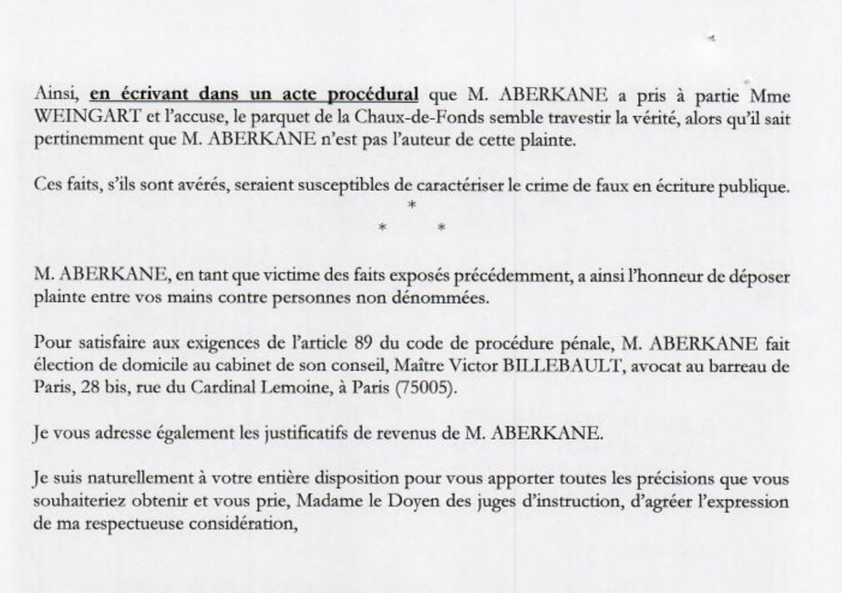 idrissaberkane's tweet photo. Concernant le Procureur suisse Pierre Aubert (dont le Canton par Conflit d’Intérêt évident ne peut soulever une quelconque culpabilité) mes avocats le visent donc à Paris 

- d’une Plainte avec Constitution de Partie Civile 
- pour Faux en Écriture Publique (Cour d’Assises) 
- et Escroquerie au Jugement 
- par Association de malfaiteurs 

estimant qu’il a fait verser un faux manifeste dans le dossier suisse pour en retirer un jugement favorable, ce qui est désormais qualifié par le zèle de la Cour depuis 24h 

Les faits visés sont exceptionnellement graves et je comprends que les autorités du Canton aient pris les devants en organisant un blitz juridico-médiatique maladroit à mon encontre.

Comme à Fontenoy, je leur laisse volontiers le premier coup de feu. 

Seule la vérité compte, et estera bien qui estera le dernier…
