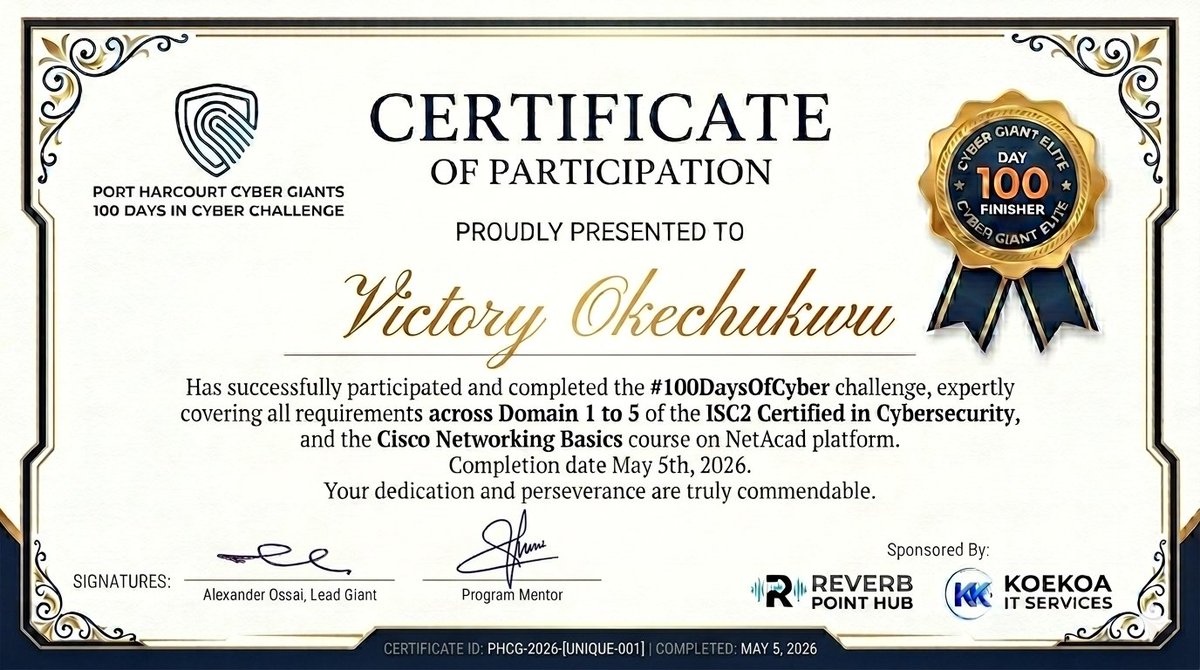 VictoryOkechuk3's tweet photo. Final Proof of Work

Completed:
• Cisco Networking Basics
• ISC2 Certified in Cybersecurity (CC)

Key concepts
Networking → IP, DHCP, DNS, HTTP, SMTP, troubleshooting

Security → CIA triad, encryption, hashing, policies, logging, phishing &amp; social engineering

#reverbhubpoint https://t.co/QtqW0sInBt