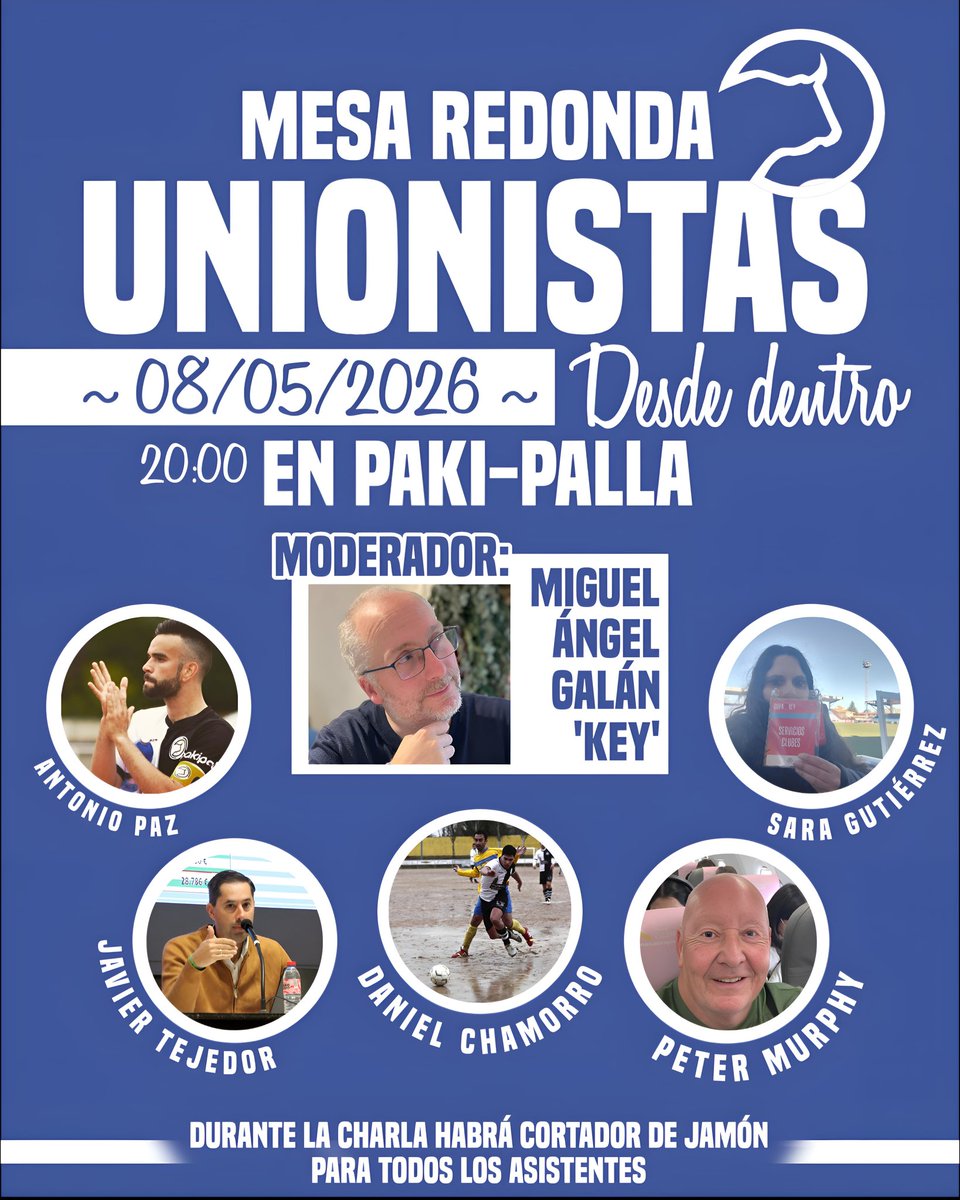 UnionistasCF's tweet photo. 🗣️Mesa Redonda "Unionistas desde dentro" organizada por @Fondo_Popular.

📆 Viernes 8 de mayo
🕗 20.00 horas 
📍 Pakipallá (C/San Justo 31, frente a antiguo teatro Bretón)

👥Contaremos con Miguel Ángel Galán 'Key' como moderador y un panel de invitados de lujo: Antonio Paz, Sara Gutiérrez, Javier Tejedor, Daniel Chamorro y Peter Murphy.

🐖 ¡Además, habrá jamón para todos los asistentes!