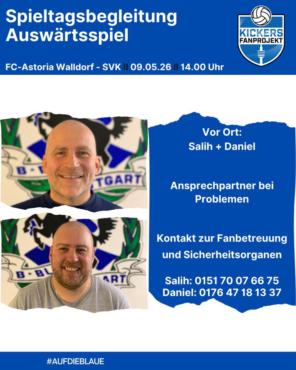 KickersFP's tweet photo. +++ Auswärtsspiel am Samstag, 09.05.2026, um 14 Uhr gegen FC-Astoria Walldorf +++

Alle Infos unter:
https://t.co/INU9MTyeGp

#aufdieblaue #auswärtsspiel #sozialearbeitmitfußballfans #kickersfanprojekt https://t.co/ygGOfPJgWe