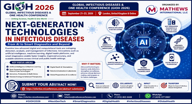 Infection_Event's tweet photo. 🔬 Next-Generation Technologies in Infectious Diseases – GIOH 2026(@Infection_Event)
Explore innovations transforming infectious disease detection, diagnosis, surveillance.
📄 Submit your abstract: https://t.co/DwX1YsQlYP
#GIOH2026 #ArtificialIntelligence #SmartDiagnostics https://t.co/CCTWAhLNj8