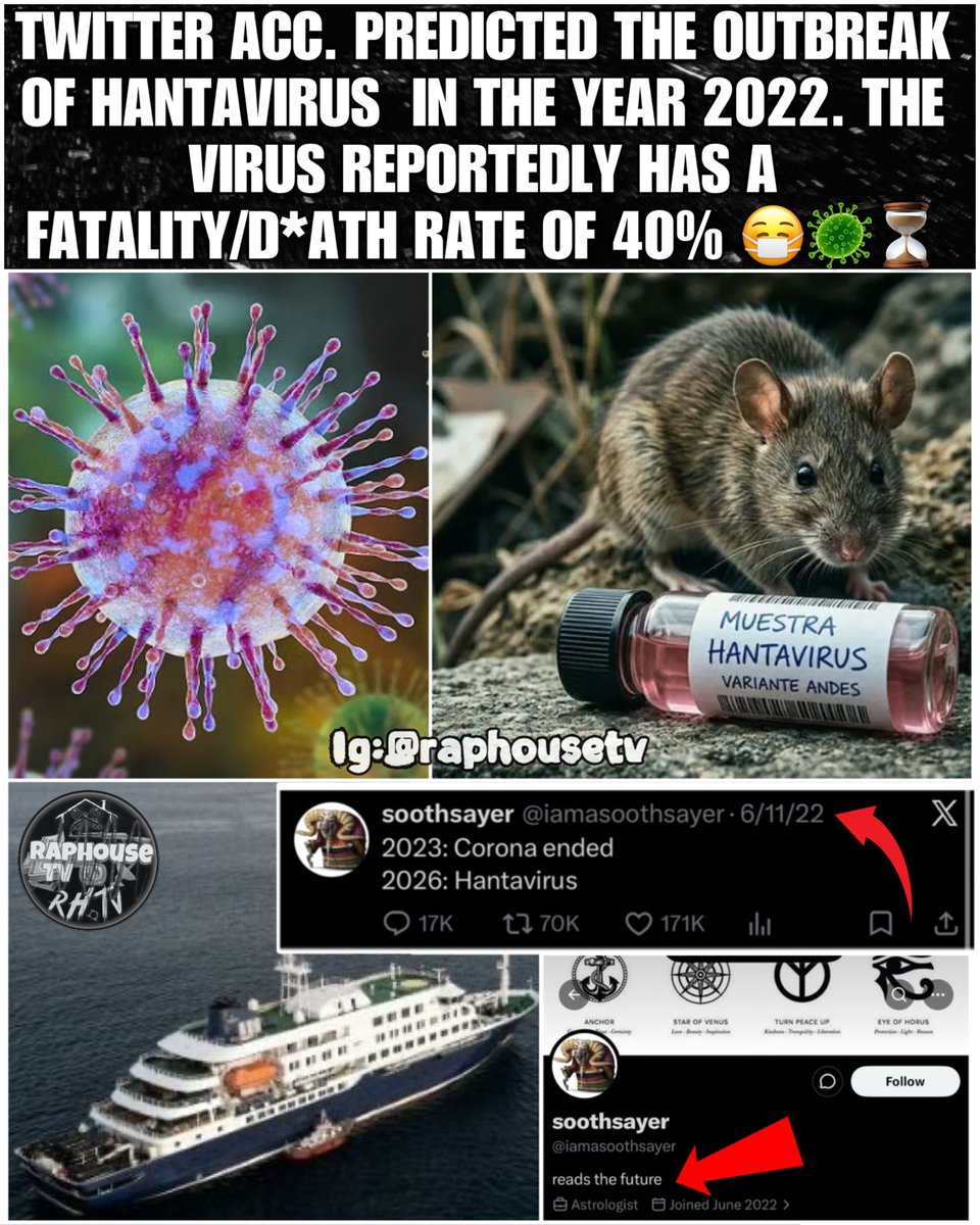 raphousetv2's tweet photo. Twitter Account Predicted The Outbreak Of Hantavirus  In The Year 2022. The Virus Reportedly Has A Fatality / Death Rate Of 40%, with Few Cases &amp; Casualties Already Confirmed and Reported 😷🦠⏳ https://t.co/x2hPZcdQvR