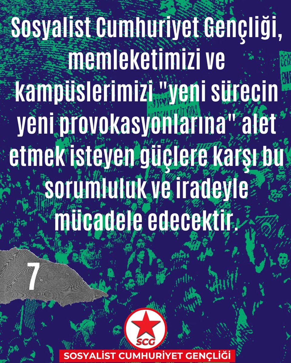 ResmiSCG's tweet photo. Sosyalist Cumhuriyet Gençliği, memleketimizi ve kampüslerimizi "yeni sürecin yeni provakasyonlarına" alet etmek isteyen güçlere karşı bu sorumluluk ve iradeyle mücadele edecektir. https://t.co/spUNSUjJly