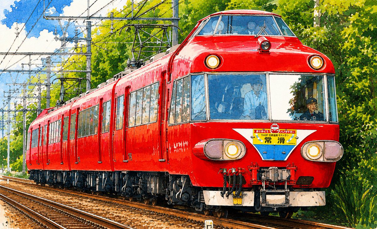 常滑に住んでいた頃 記念列車撮りに行った画像をchatGPTにイラスト化し