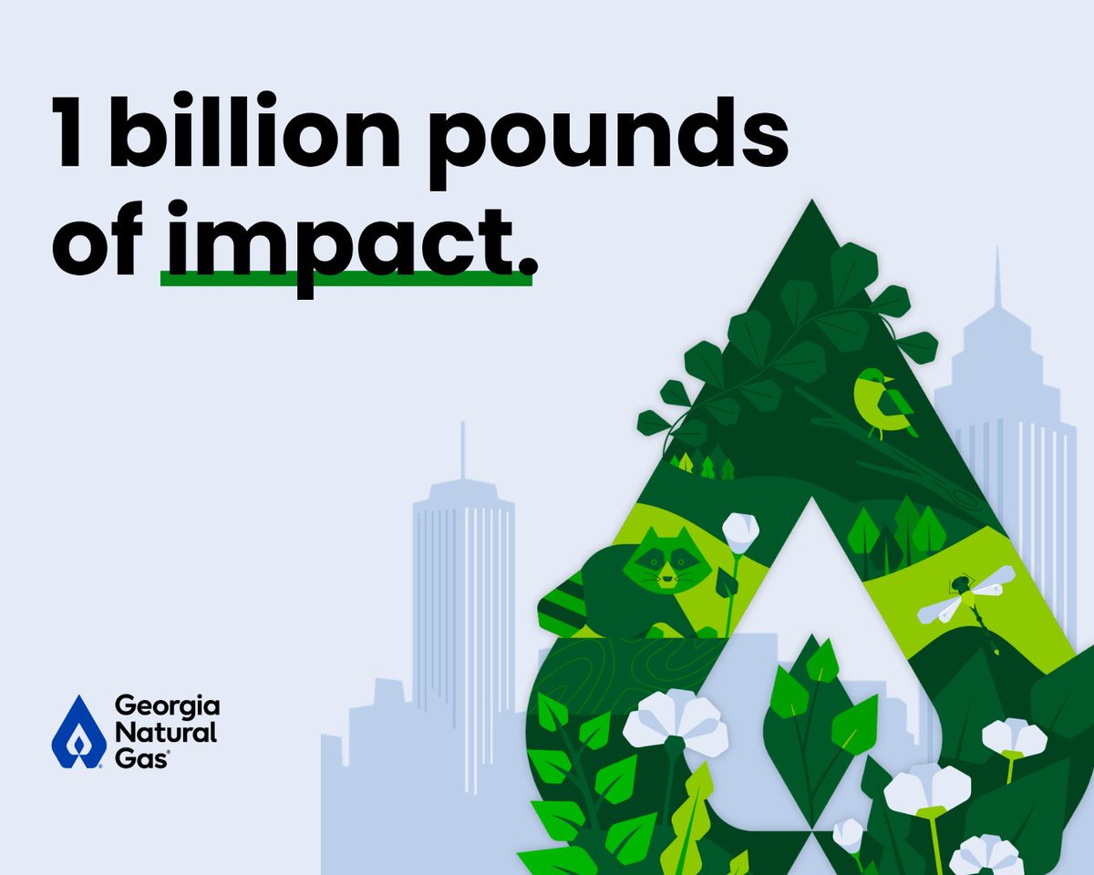 GaNaturalGas's tweet photo. One simple choice. A billion pounds of impact.

GNG Greener Life® customers across Georgia have helped offset more than 1 billion pounds of carbon emissions. That is like recycling more than 20,000 garbage truckloads of waste instead of sending them to a landfill!* https://t.co/K78JnEKvkj